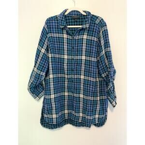 Lane Bryant Plus Size 18/20 Blue Black Plaid Flannel Top Button Up Shirt Outdoor